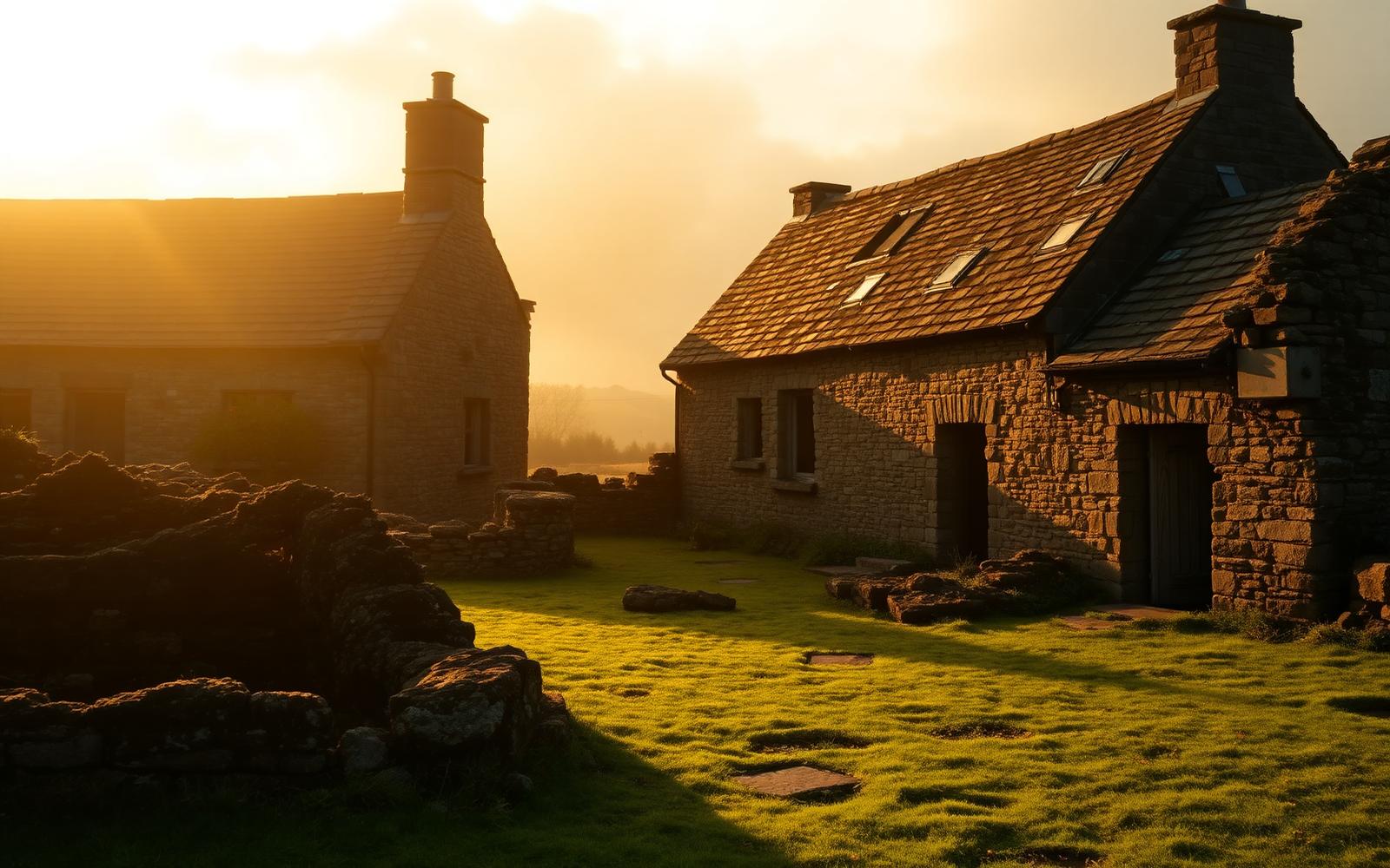 Old Irish stone cottages at golden hour
